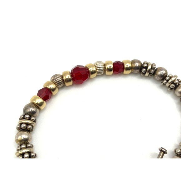 Beaded Sterling Silver Heart Toggle Bracelet w Gold,Silver and Red Crystal Beads - Picture 3 of 9